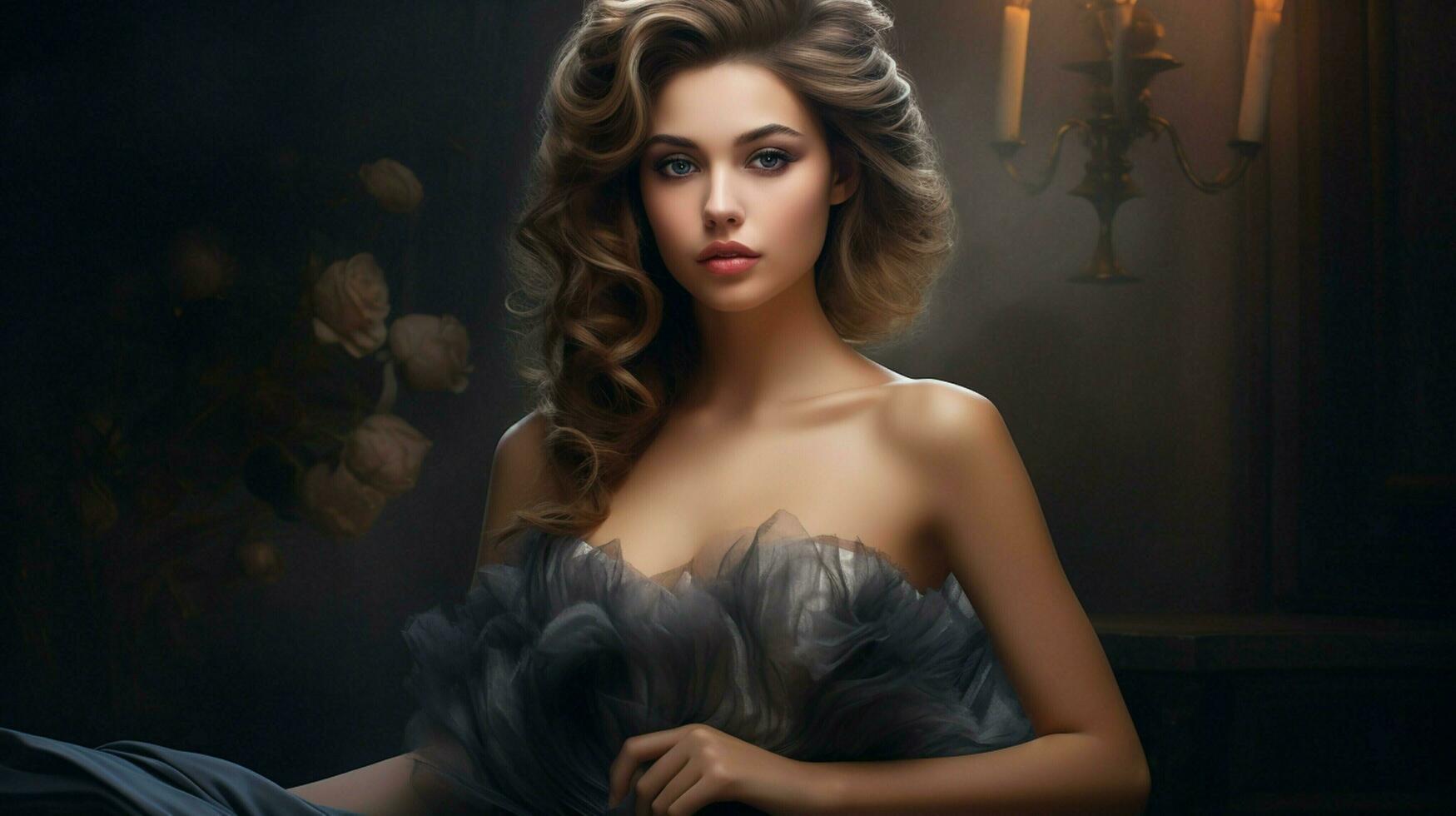 young womans glamourous portrait with sensual elegance photo