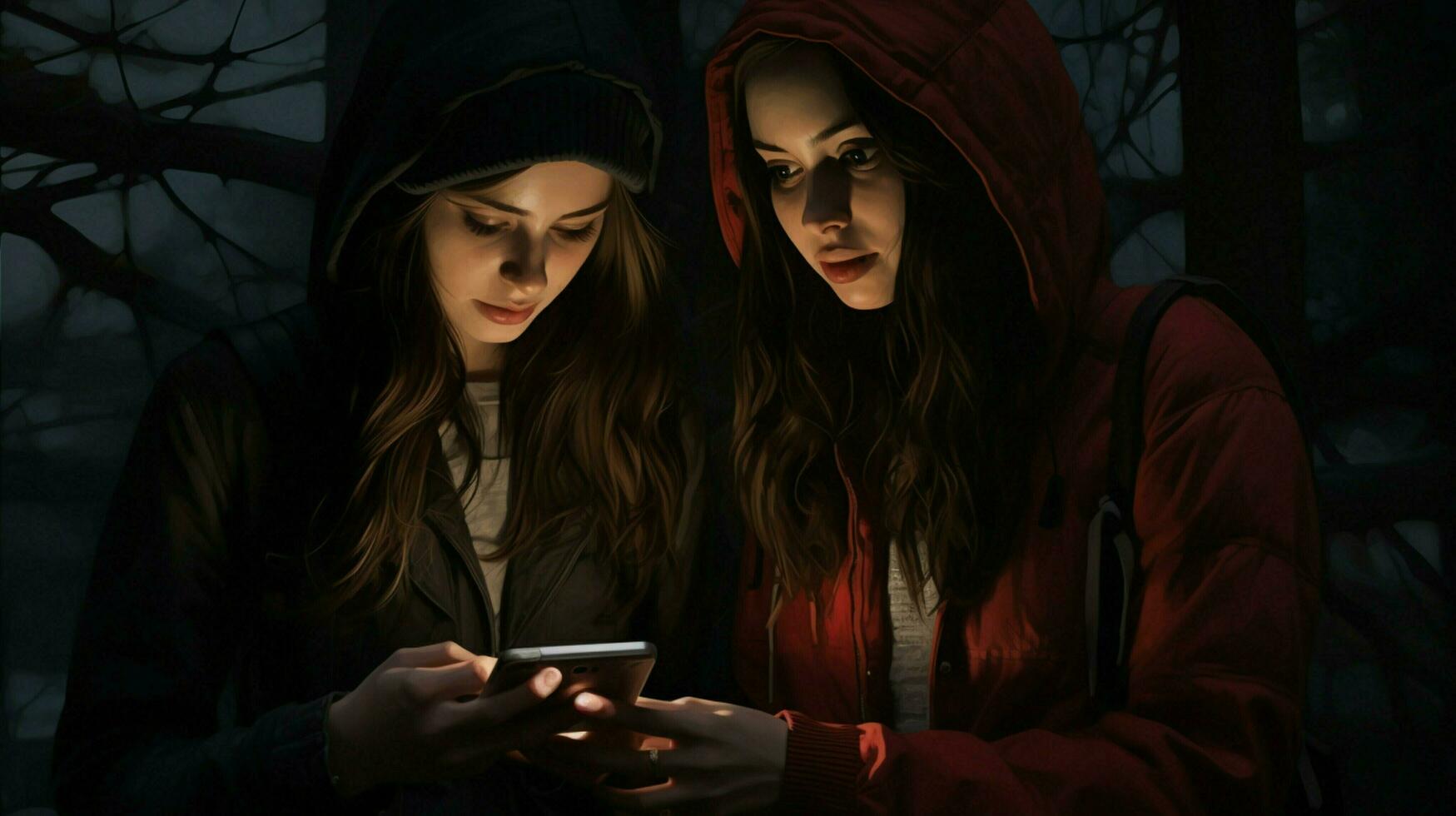 young women looking at dark phone screen photo