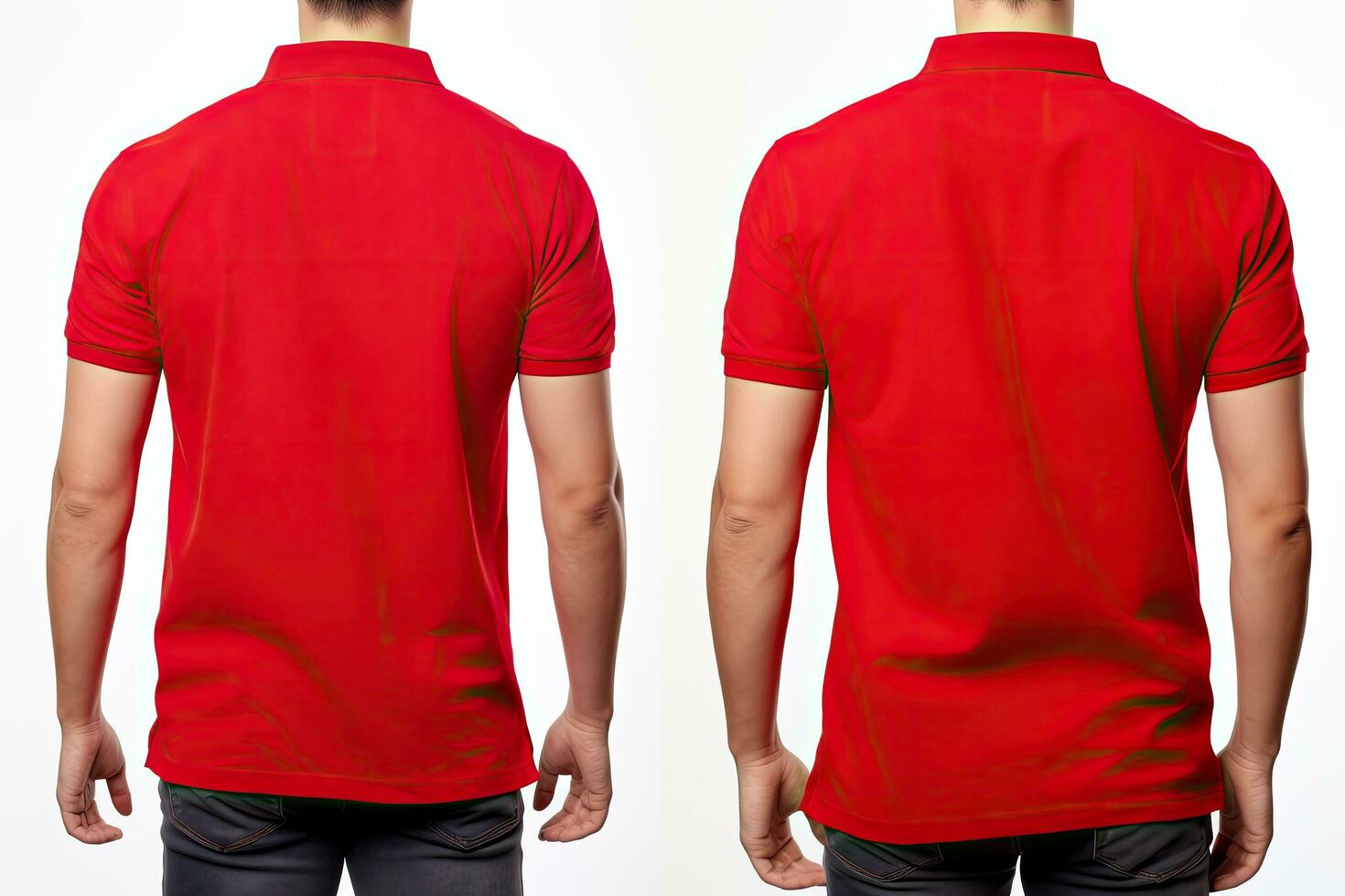 Male red t-shirt template front and back view isolated on white background, Male model wearing a simple red polo shirt on a white background, top section cropped, front view and back, AI Generated photo
