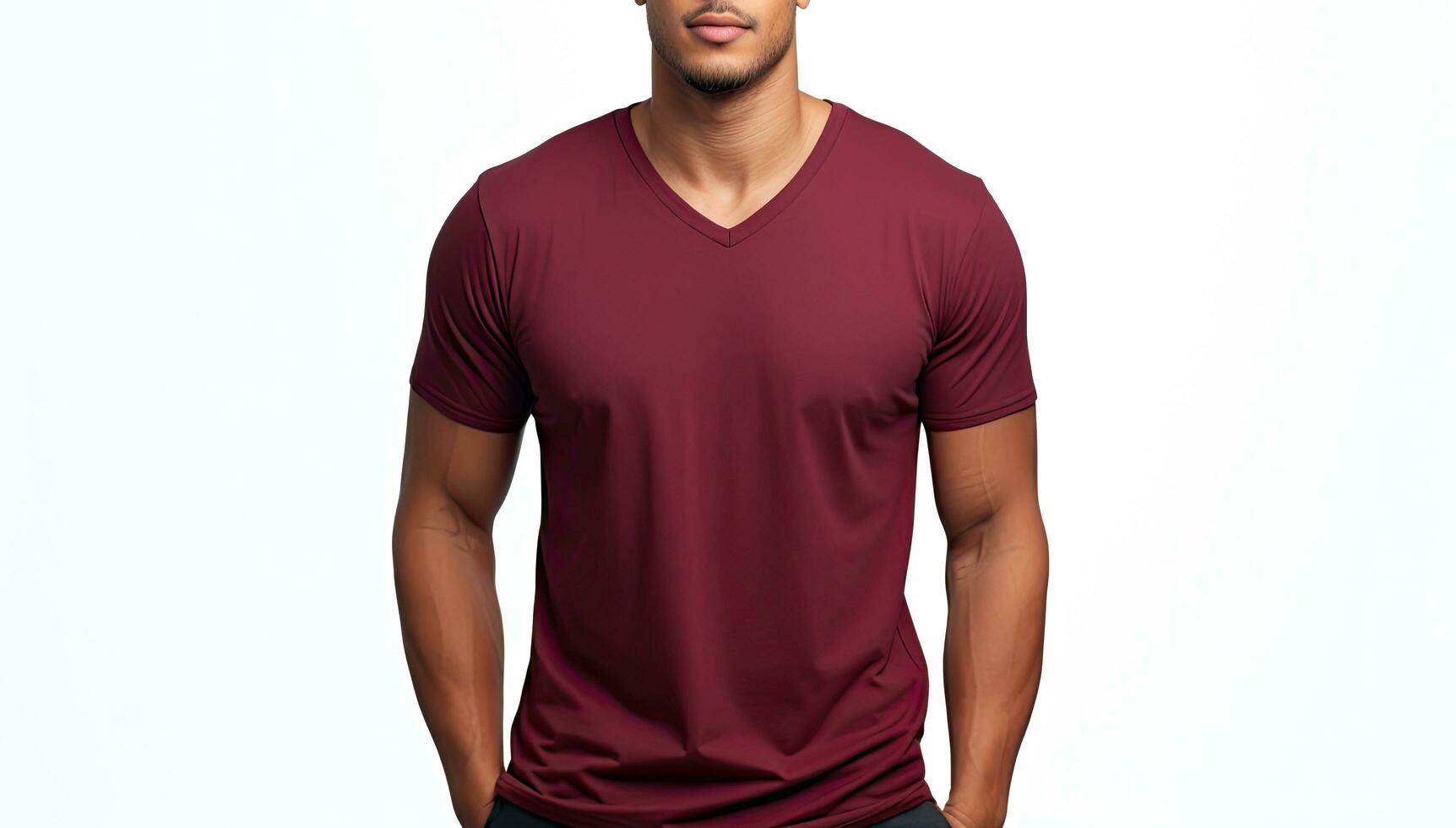 Cropped image of sportsman in red tshirt on white background, Male model wearing a dark maroon color VNeck tshirt on a White background, front view and back view, top section cropped, AI Generated photo