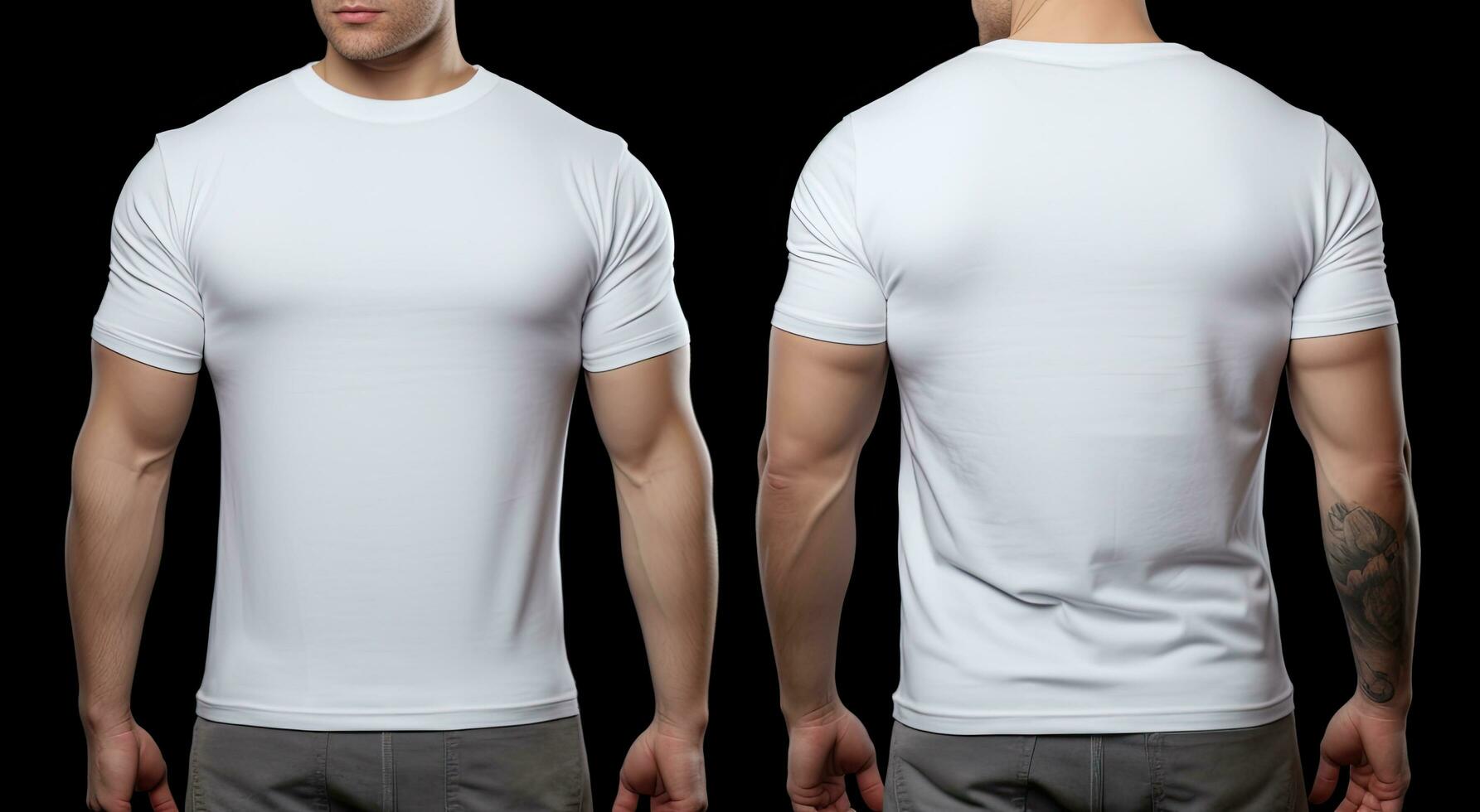 Male tshirt template front and back view isolated on black background, Male model wearing a simple white polo shirt on a Black background, front view and back view, section croppedped, AI Generated photo