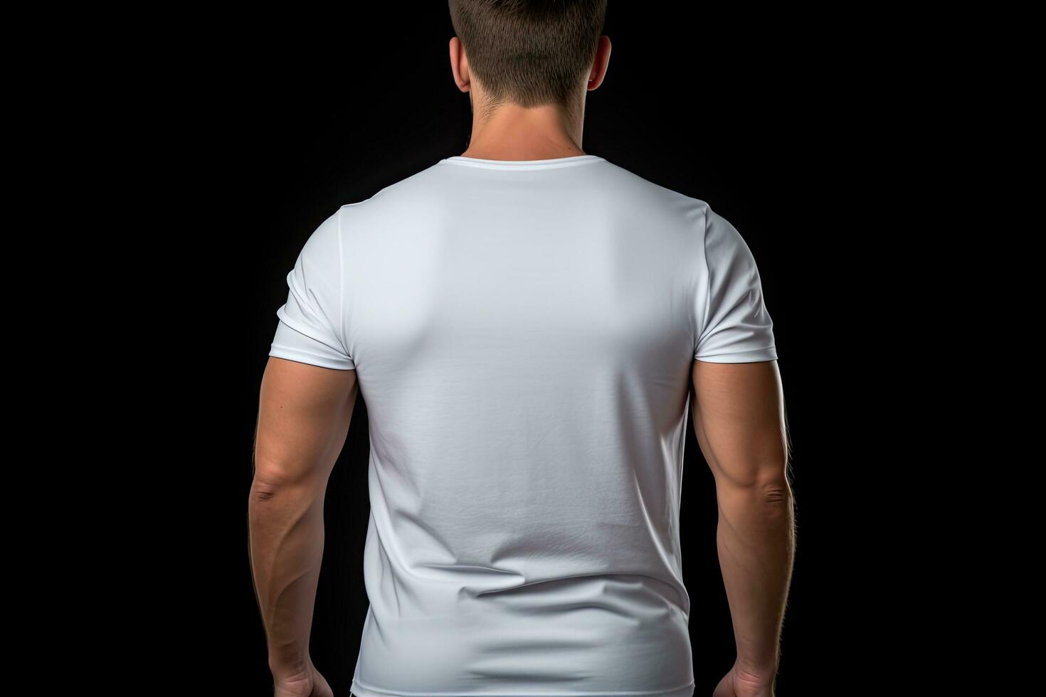 back view of sportsman in white tshirt on black background, Male model wearing a white half sleeves tshirt on a Black background, front view and back view, top section cropped, AI Generated photo