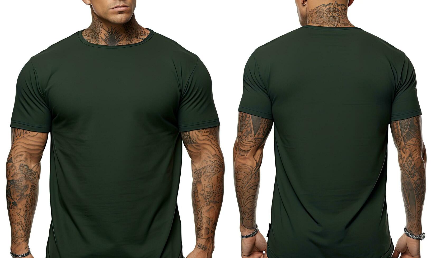 Tattooed man wearing blank green tshirt with space for your logo or design, front and back view, Male model wearing a dark ash half sleeves tshirt on a White background, AI Generated photo