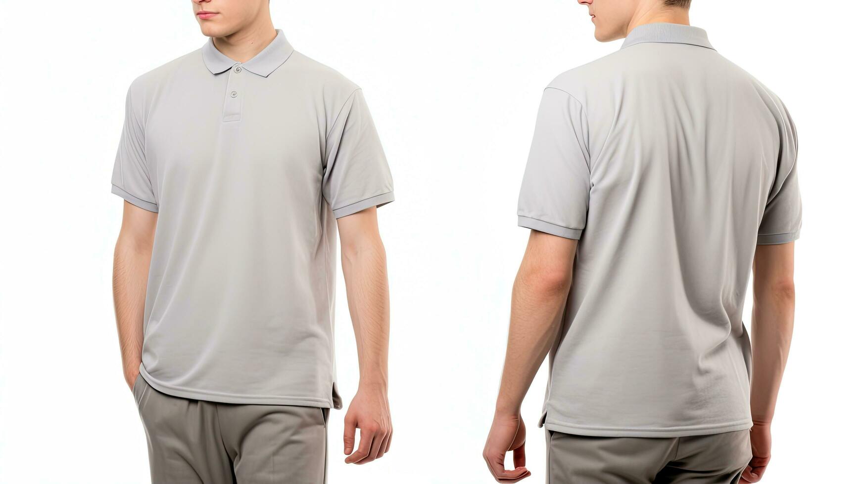 Blank gray polo tshirt template, front and back view, Male model wearing a simple gray ash polo shirt on a White background, front view and back view, top section croppedped, AI Generated photo