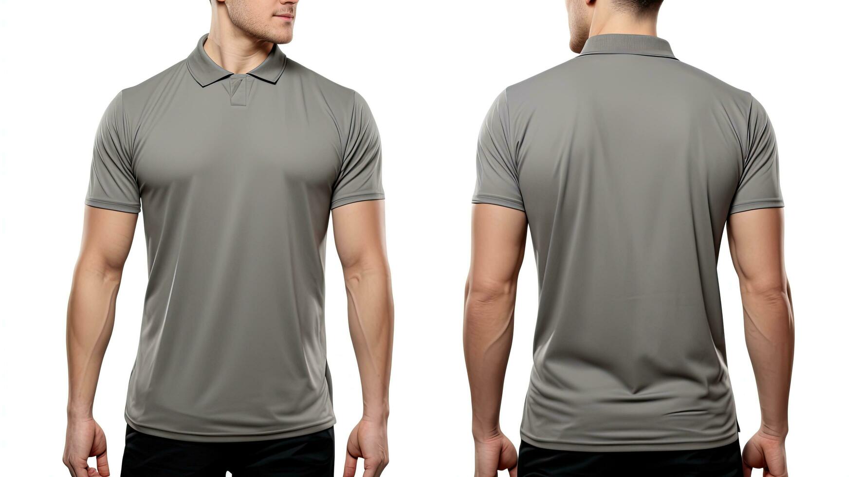 Blank grey polo tshirt template, front and back view, isolated on white background, Male model wearing a simple gray ash polo shirt on a White background, front view and back view, AI Generated photo