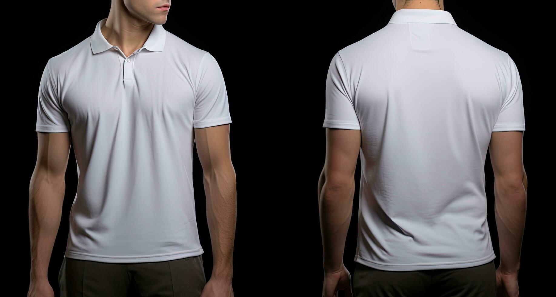Blank white polo tshirt template, front and back view isolated on black background, Male model wearing a simple white polo shirt on a Black background, front view and back view, AI Generated photo