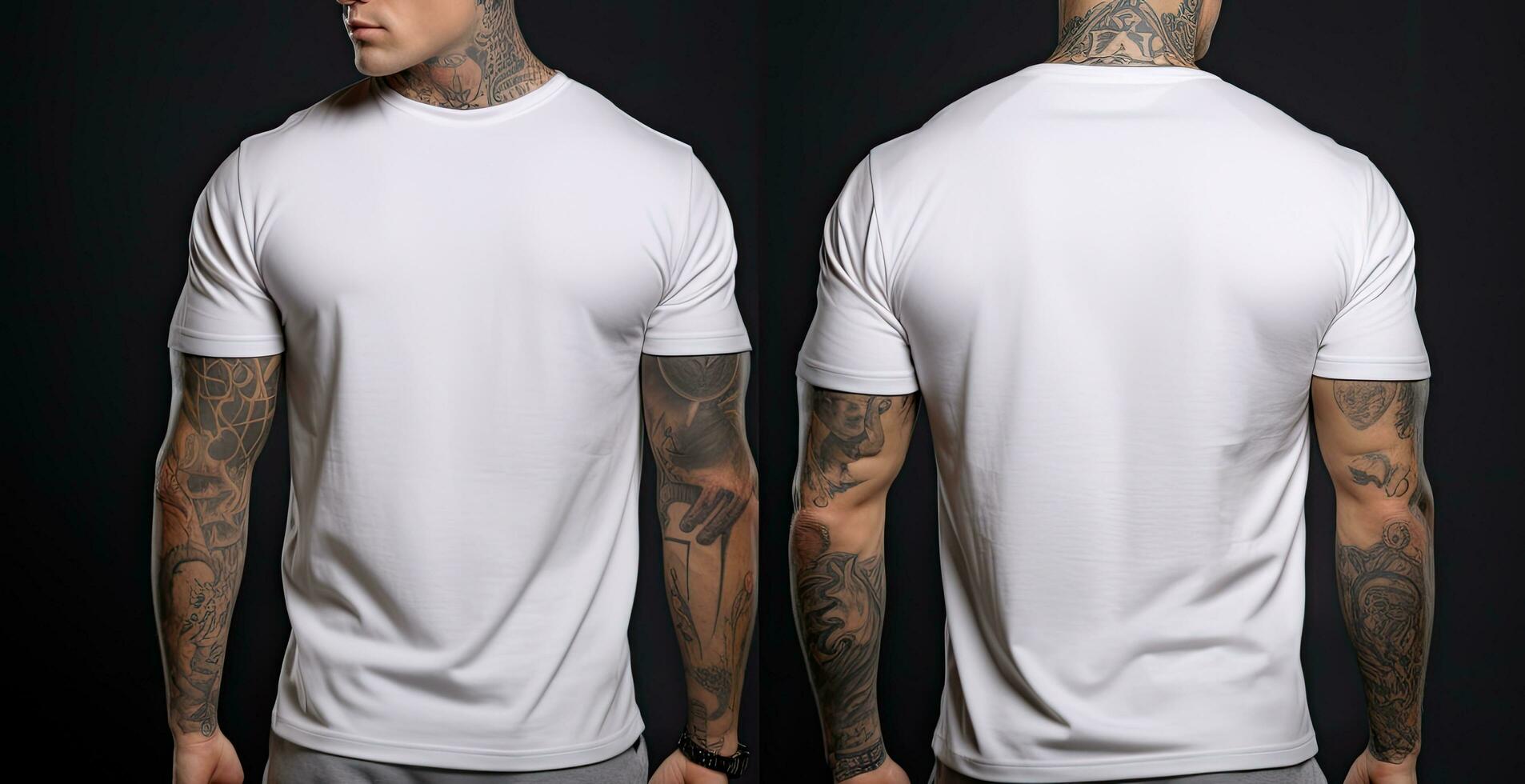 tatuado hombre vistiendo blanco camiseta en negro fondo, masculino modelo vistiendo un blanco medio mangas camiseta en un negro fondo, frente ver y espalda vista, parte superior sección recortado, ai generado foto