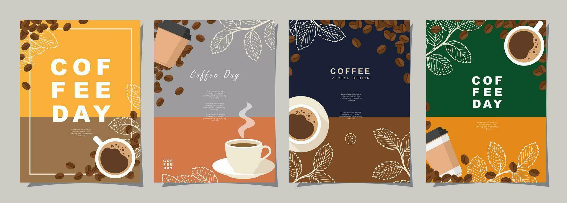 Set of sketch banners with coffee beans and leaves on colorful background for poster, menu, cafe or another template design. Coffee Day. vector illustration.