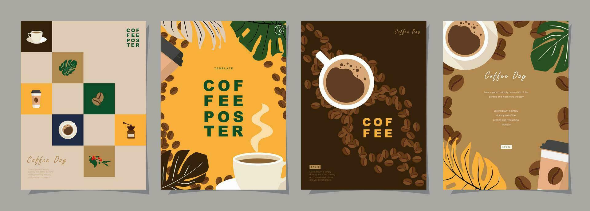 conjunto de bosquejo pancartas con café frijoles y hojas en vistoso antecedentes para póster, menú, café o otro modelo diseño. café día. vector ilustración.