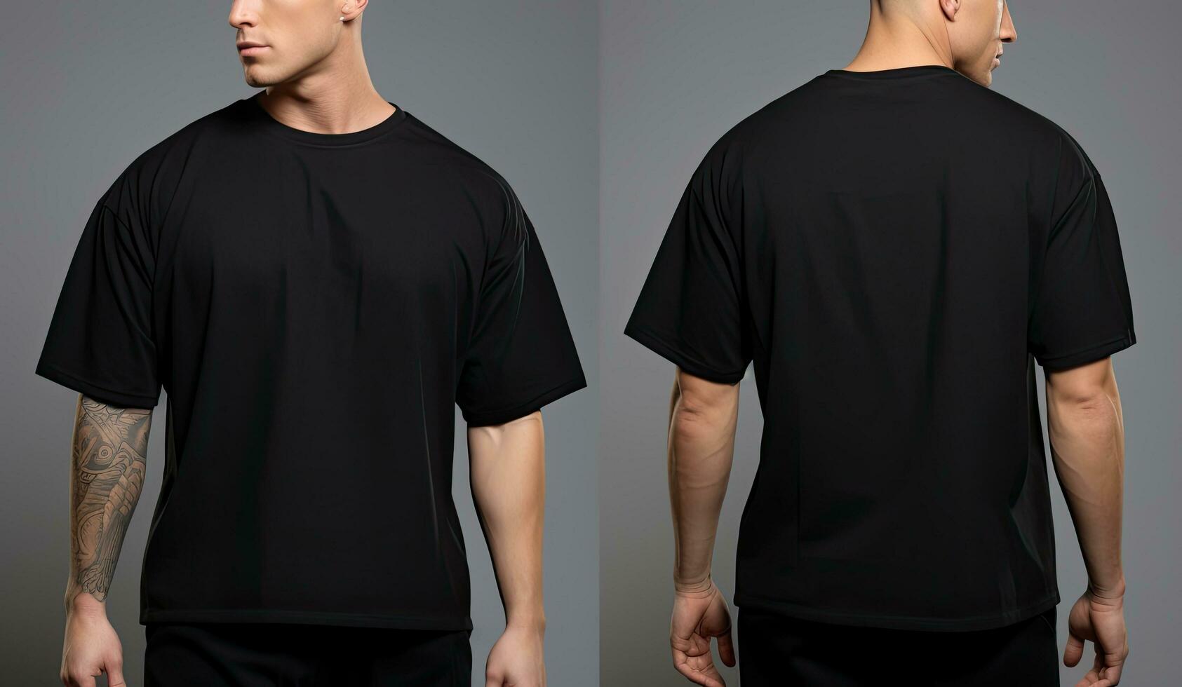 Male t shirt mockup, front, back and side view, Male model wearing a black color Henley t-shirt on a White background, front view and back view, top section cropped, AI Generated photo