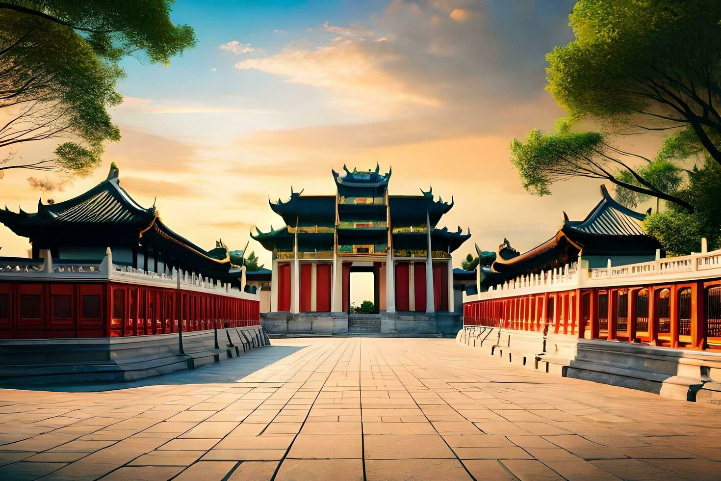 chinese architecture at sunset in a park. AI-Generated photo