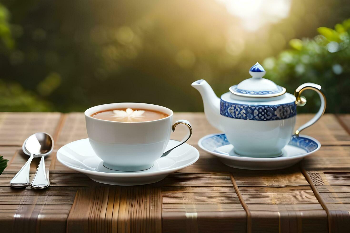 a cup of tea and a teapot on a wooden table. AI-Generated photo