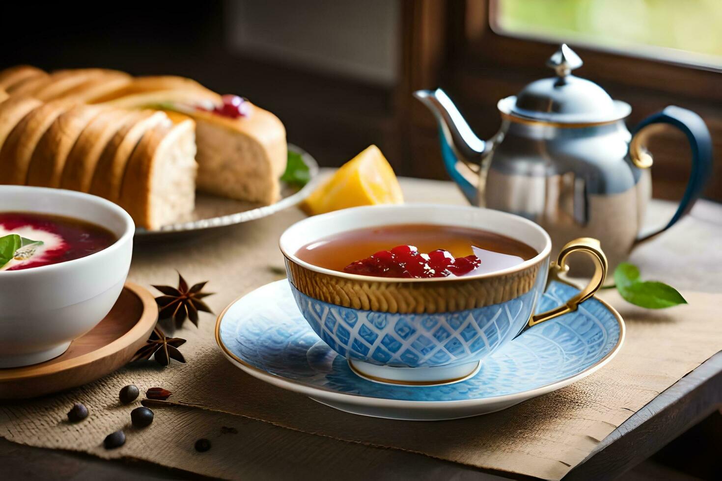 a cup of tea and a bowl of soup sit on a table. AI-Generated photo