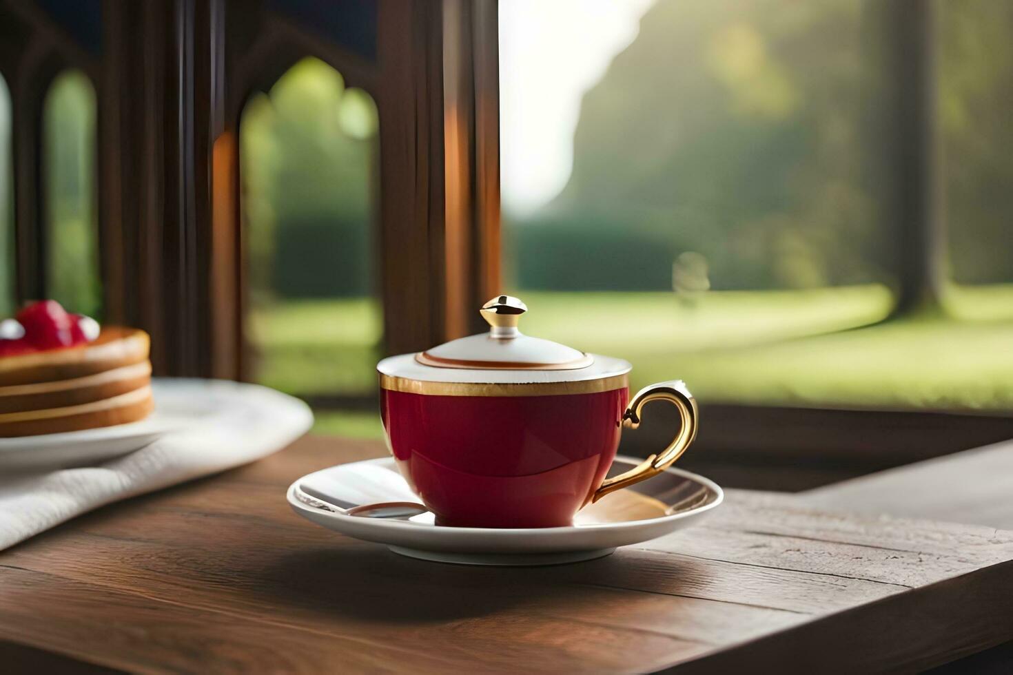 a red cup sits on a saucer next to a plate of pancakes. AI-Generated photo