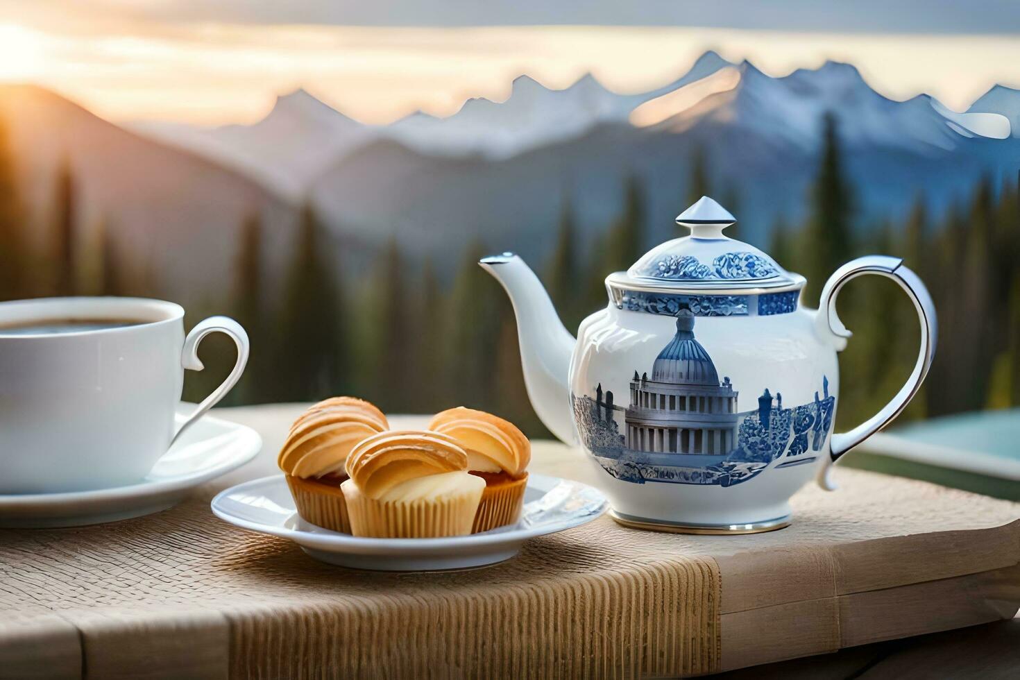 coffee and muffins on a table with mountains in the background. AI-Generated photo