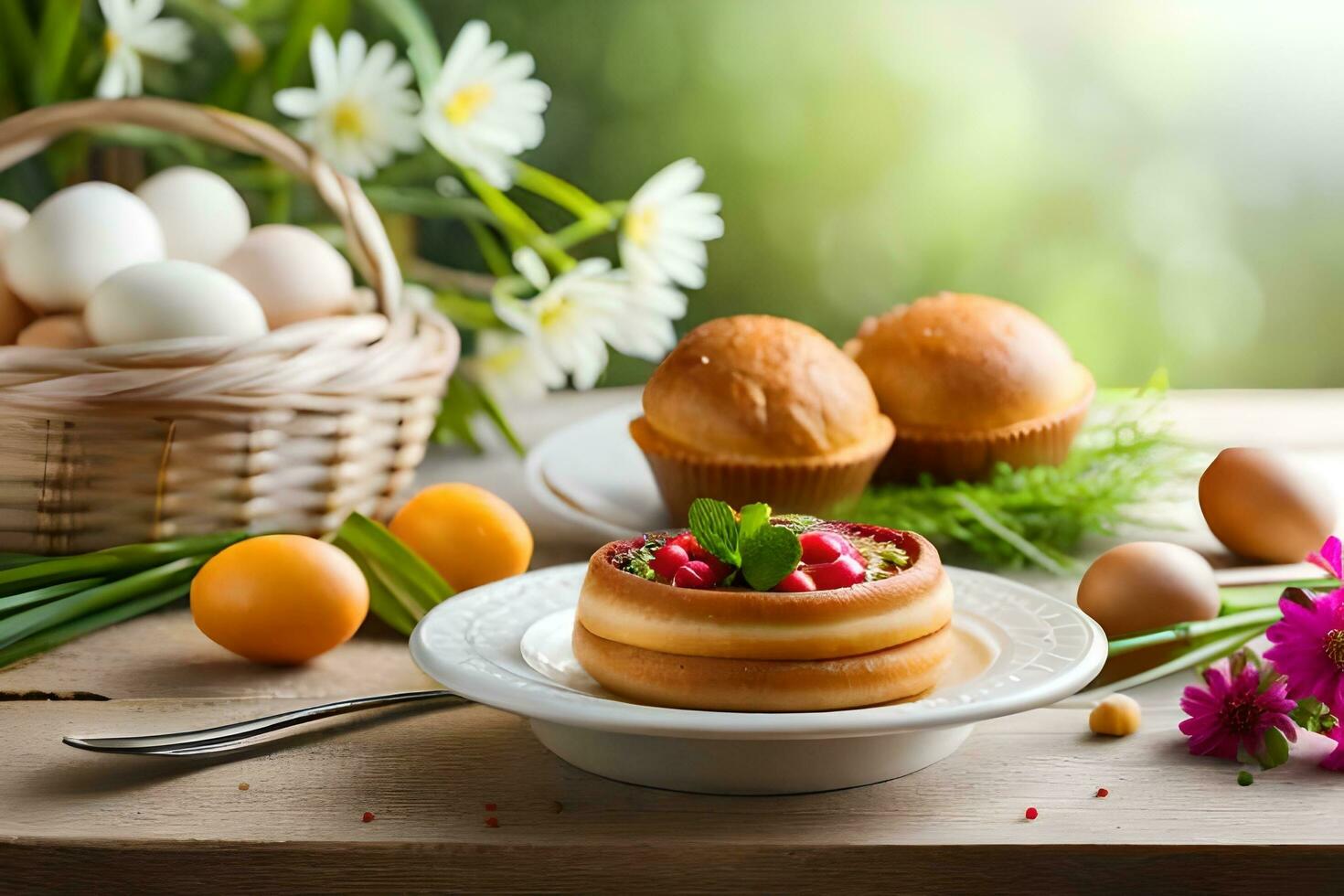 easter breakfast with eggs, bread and flowers. AI-Generated photo