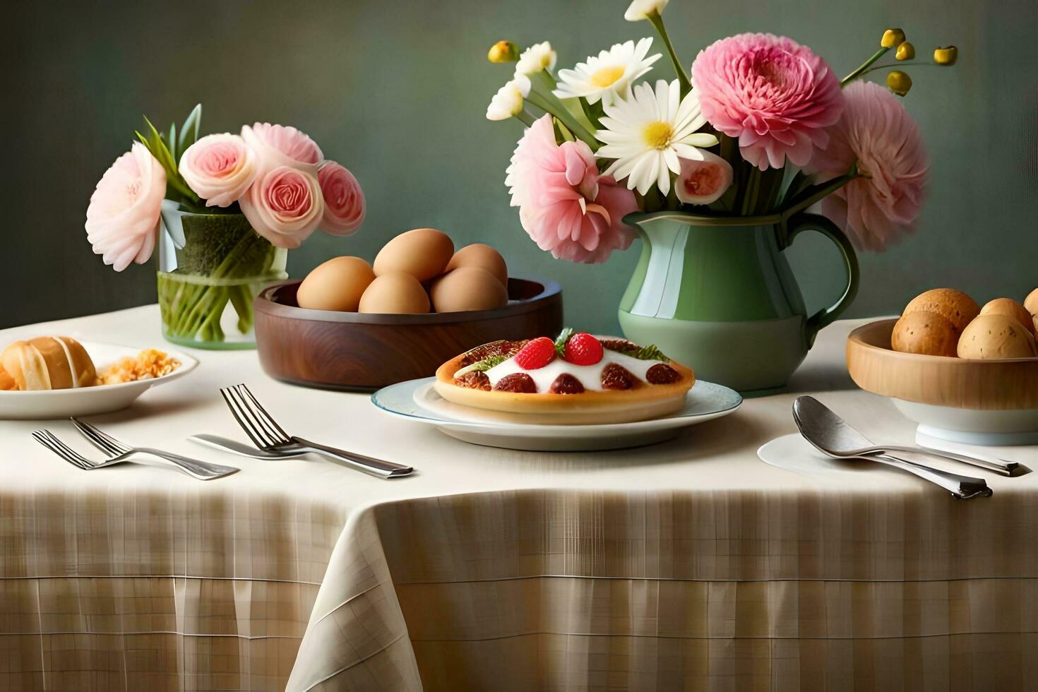 a table with plates of food and flowers. AI-Generated photo