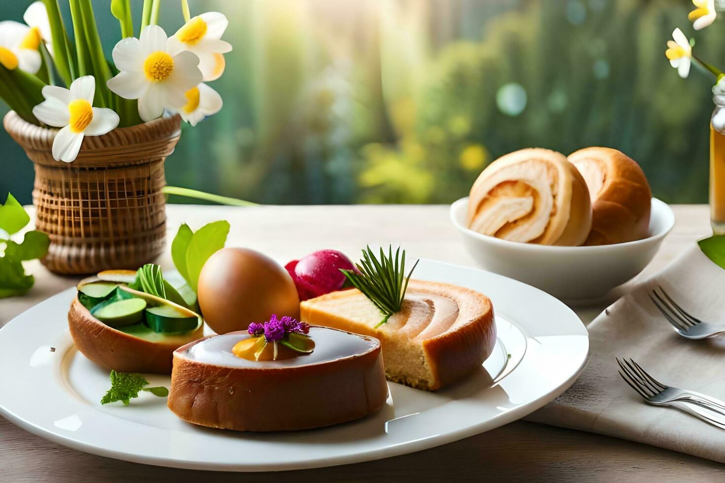 easter dinner with eggs, bread and flowers. AI-Generated photo