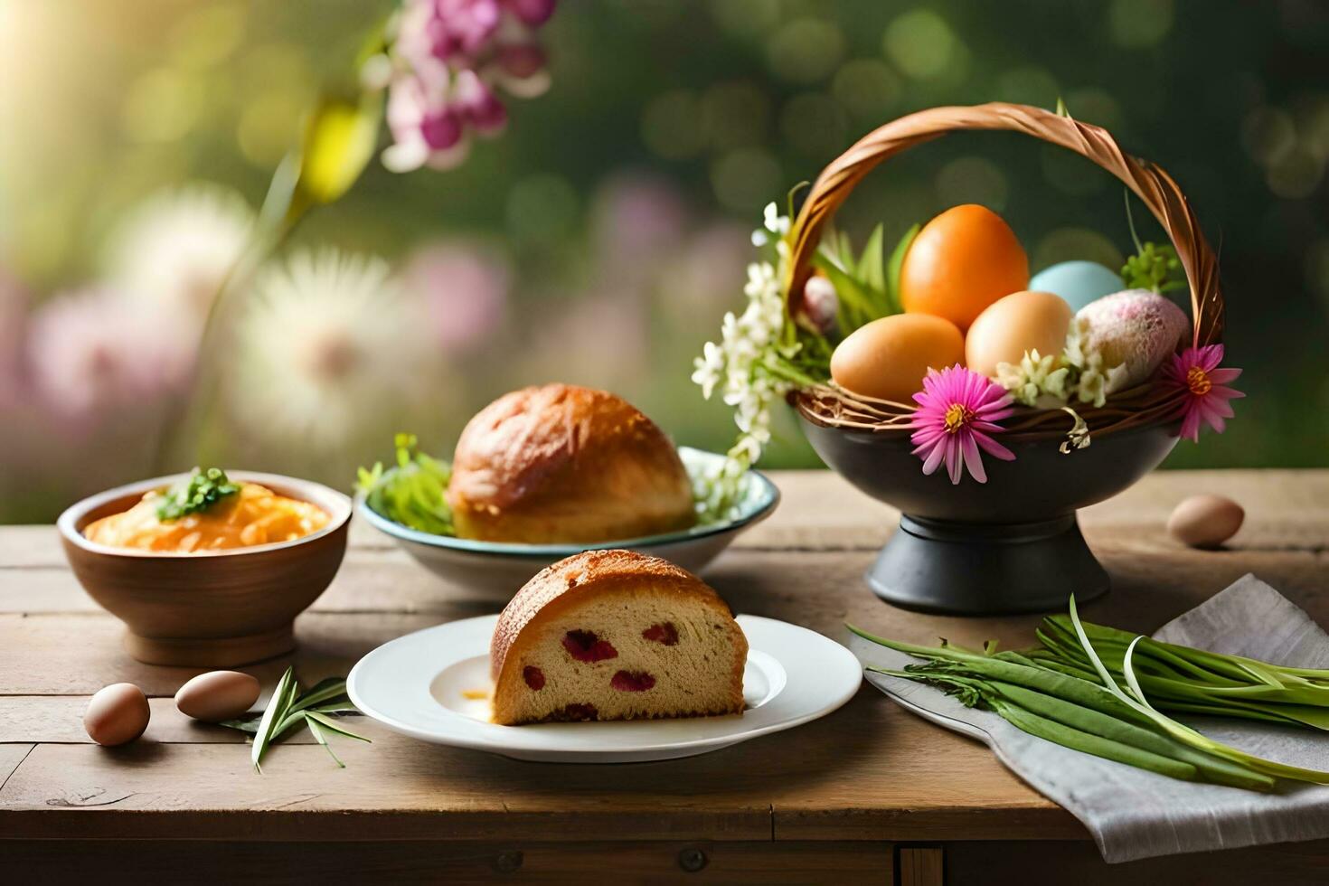 easter basket with eggs, bread and flowers on table. AI-Generated photo