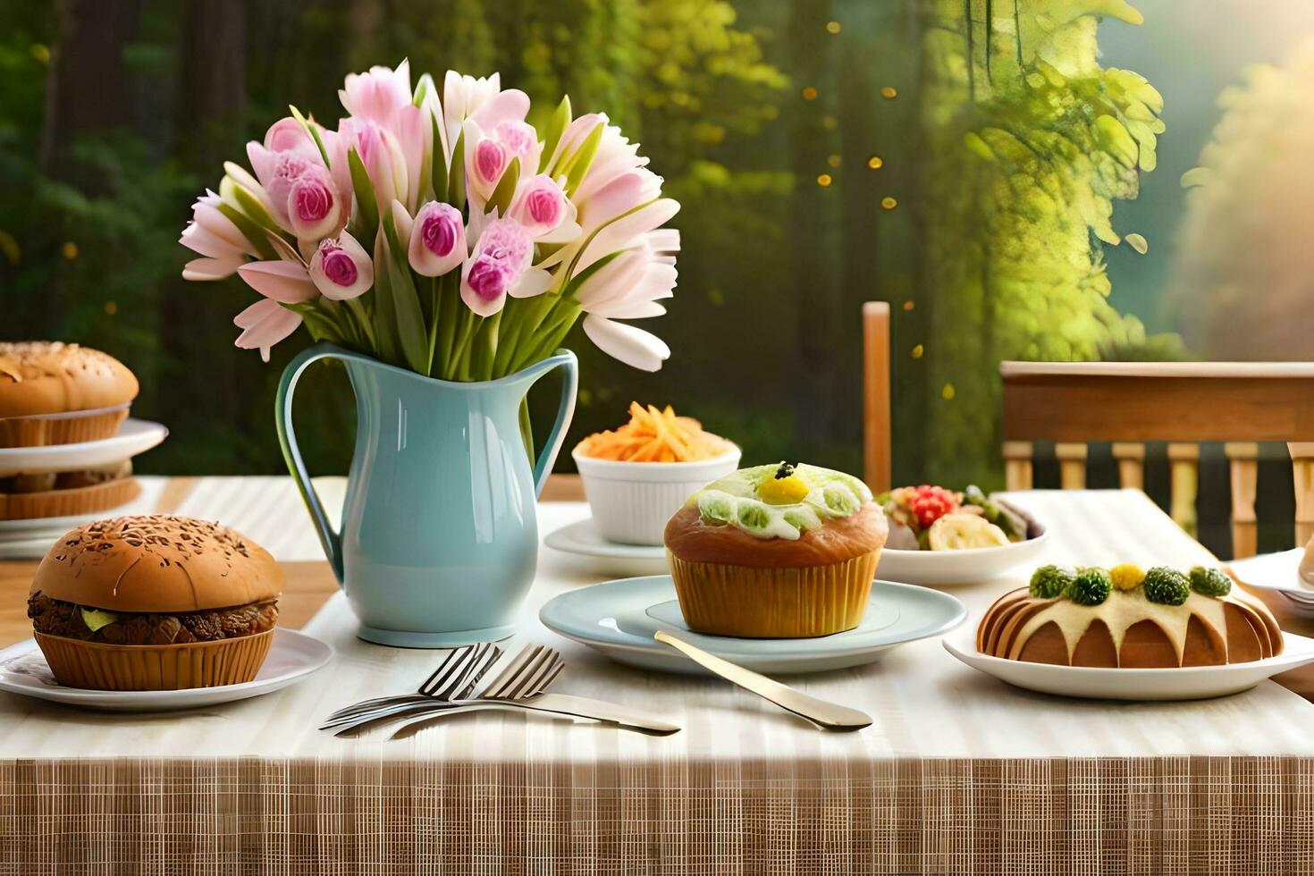 a table with food and flowers on it. AI-Generated photo