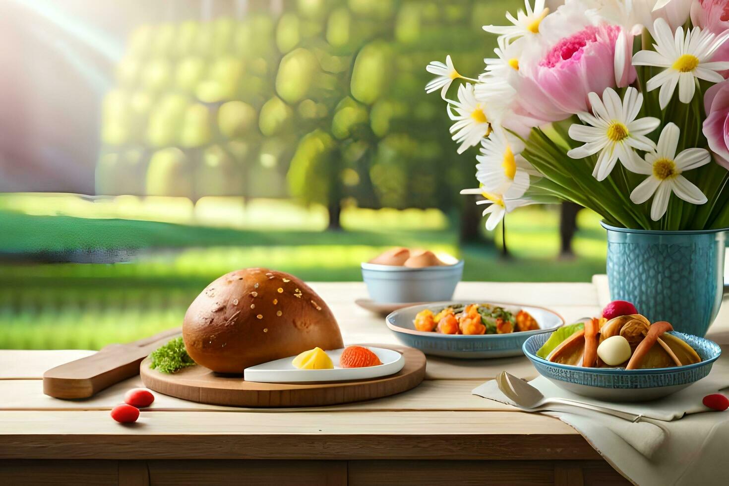 a table with a plate of food and flowers. AI-Generated photo