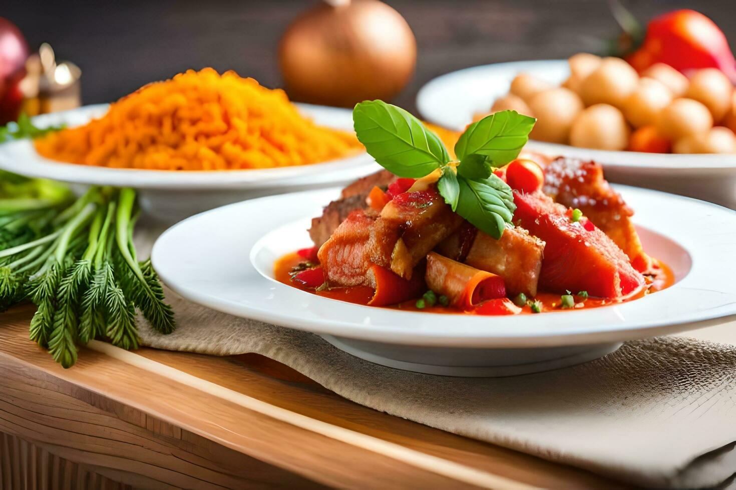 a plate of food with vegetables and meat on it. AI-Generated photo