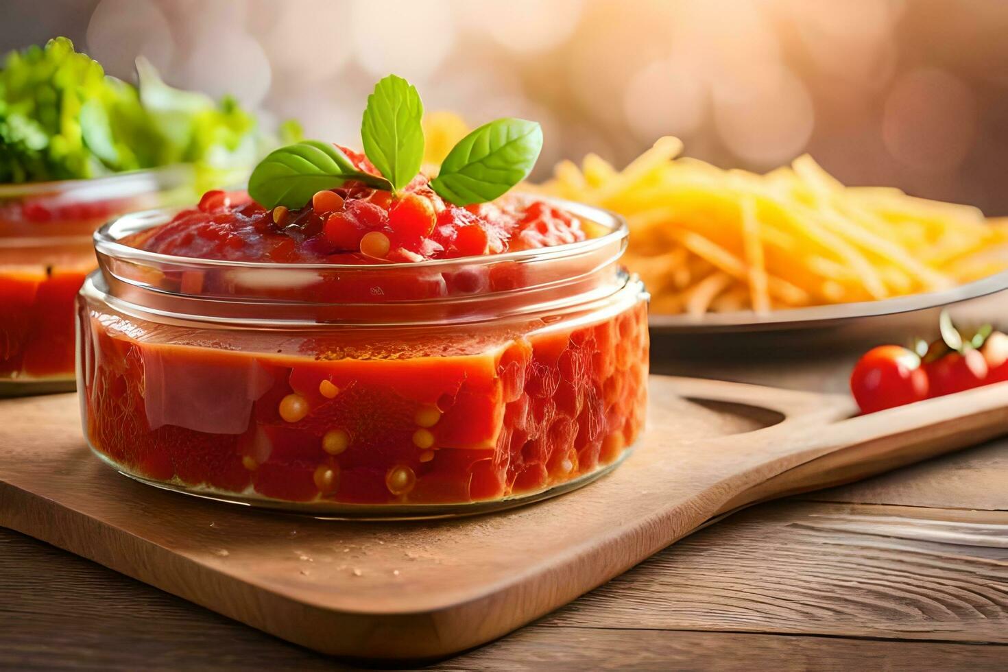 dos frascos de tomate salsa con vegetales en un de madera corte tablero. generado por ai foto