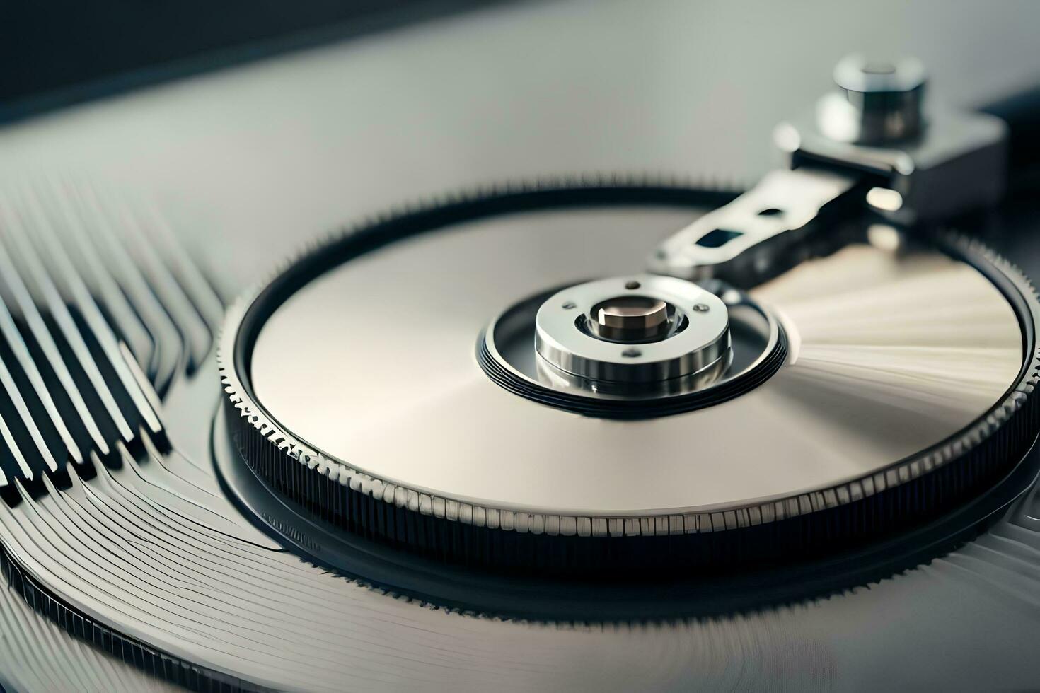 a close up of a hard drive with a metal disk. AI-Generated photo