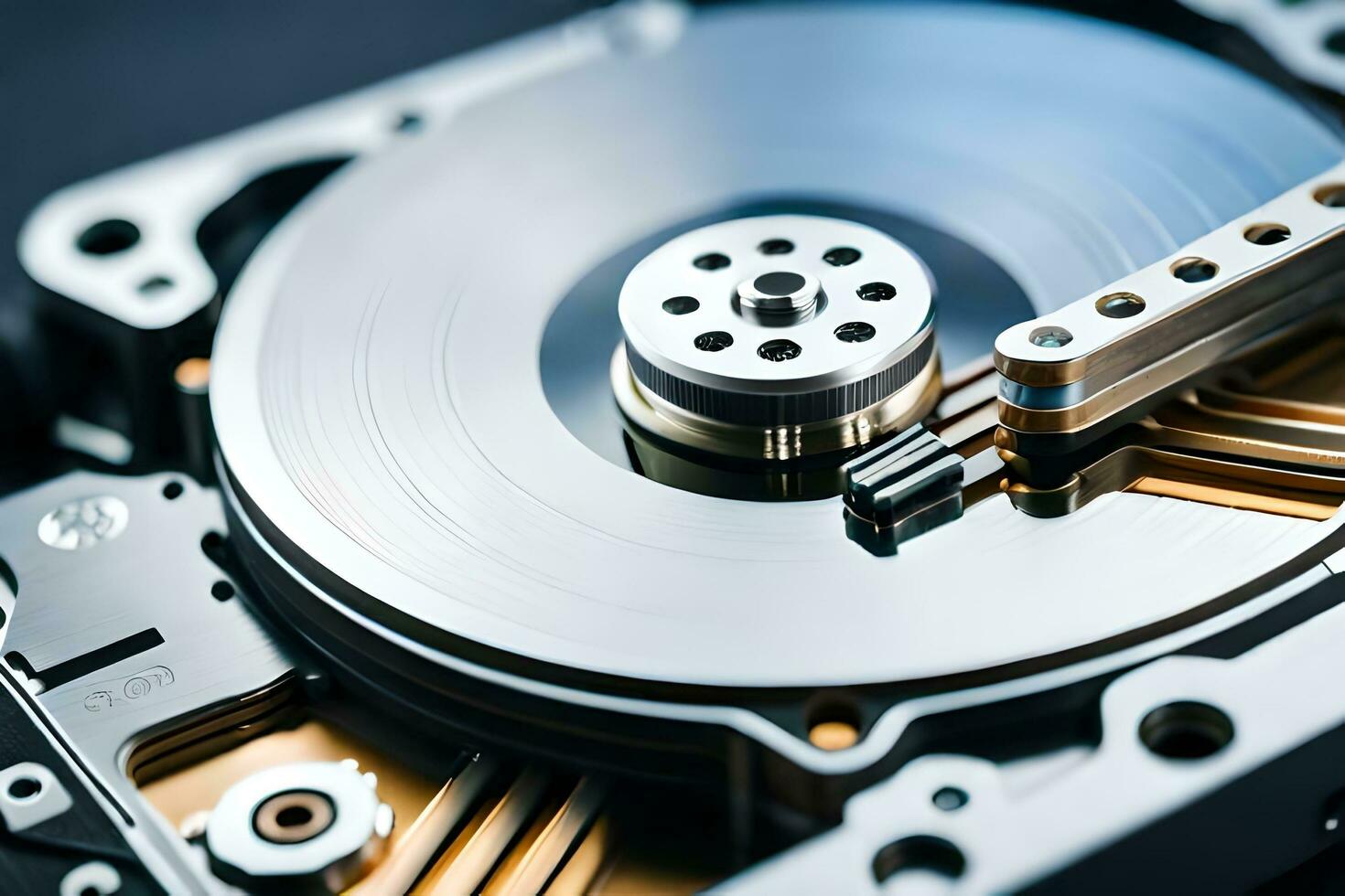 a close up of a hard drive with a metal disk. AI-Generated photo