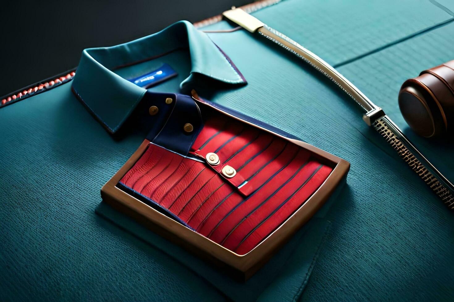 a blue shirt and red tie sitting on a blue cloth. AI-Generated photo