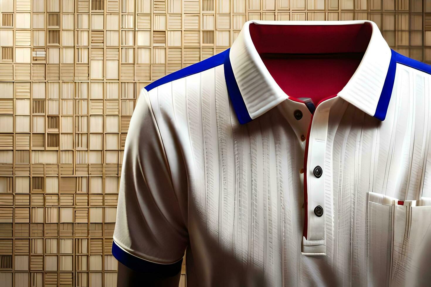 a white polo shirt with blue and red trim. AI-Generated photo