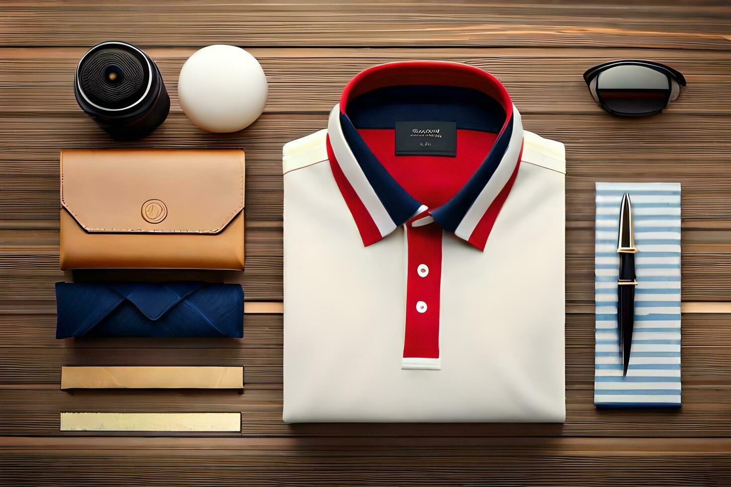 mens clothing items on a wooden table. AI-Generated photo
