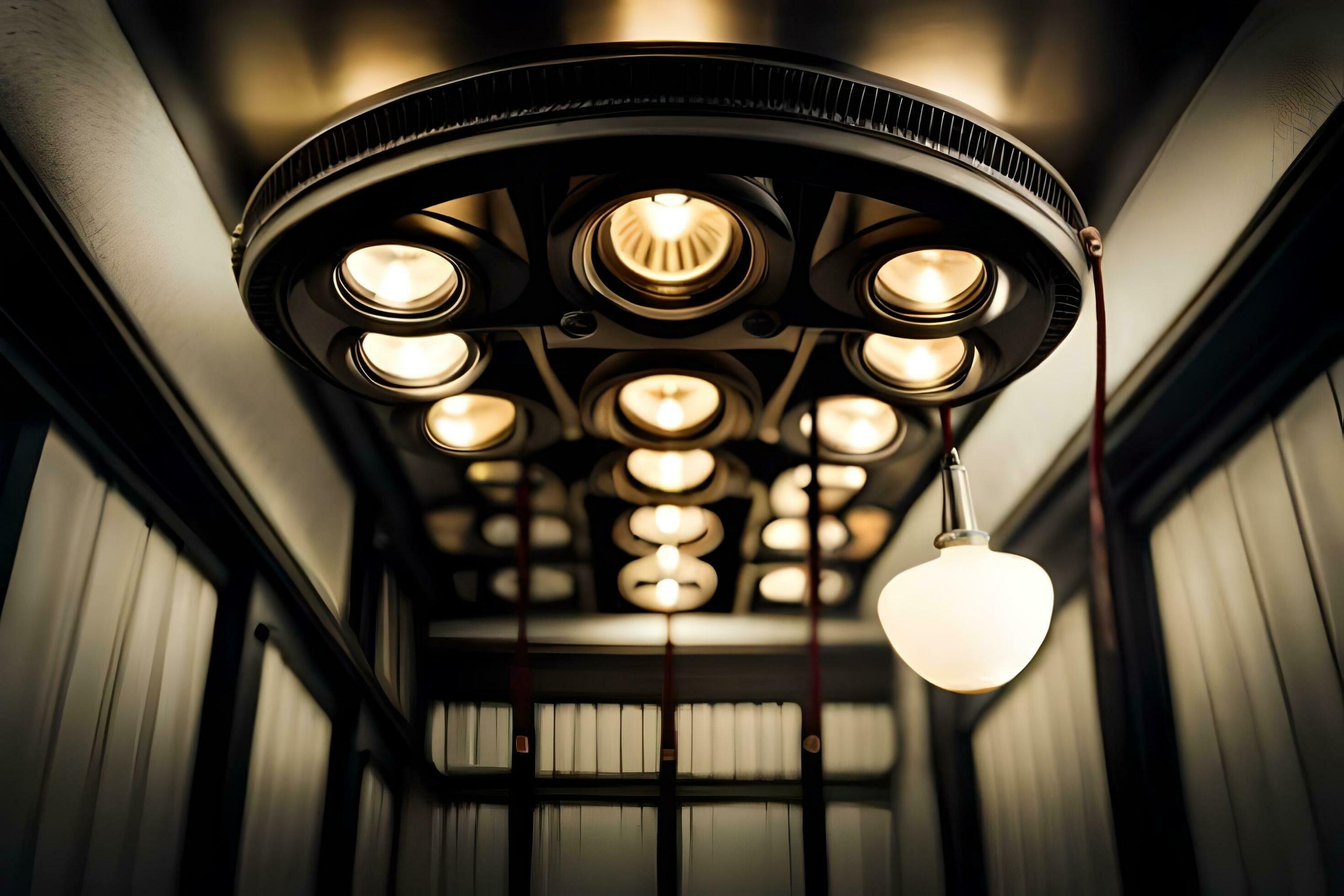 a light fixture hangs from the ceiling in a dark room. AIGenerated