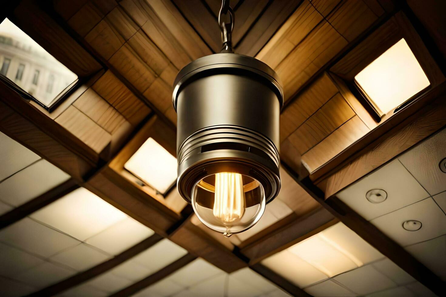 a light bulb hanging from a ceiling in a room. AI-Generated photo