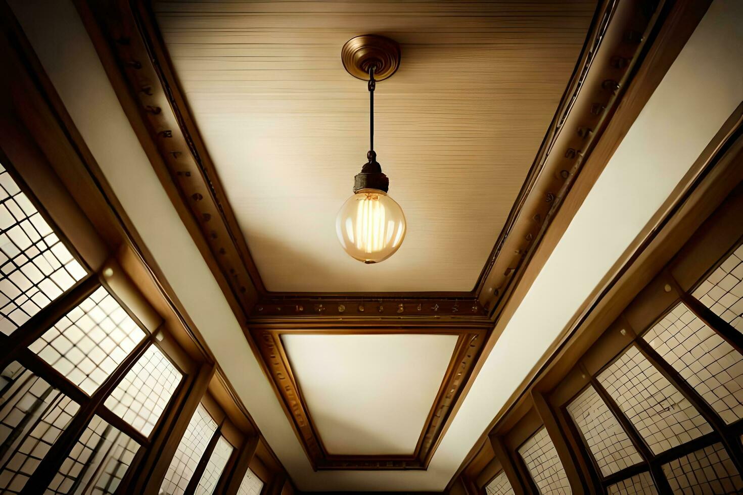 a light fixture hangs from the ceiling in a hallway. AIGenerated