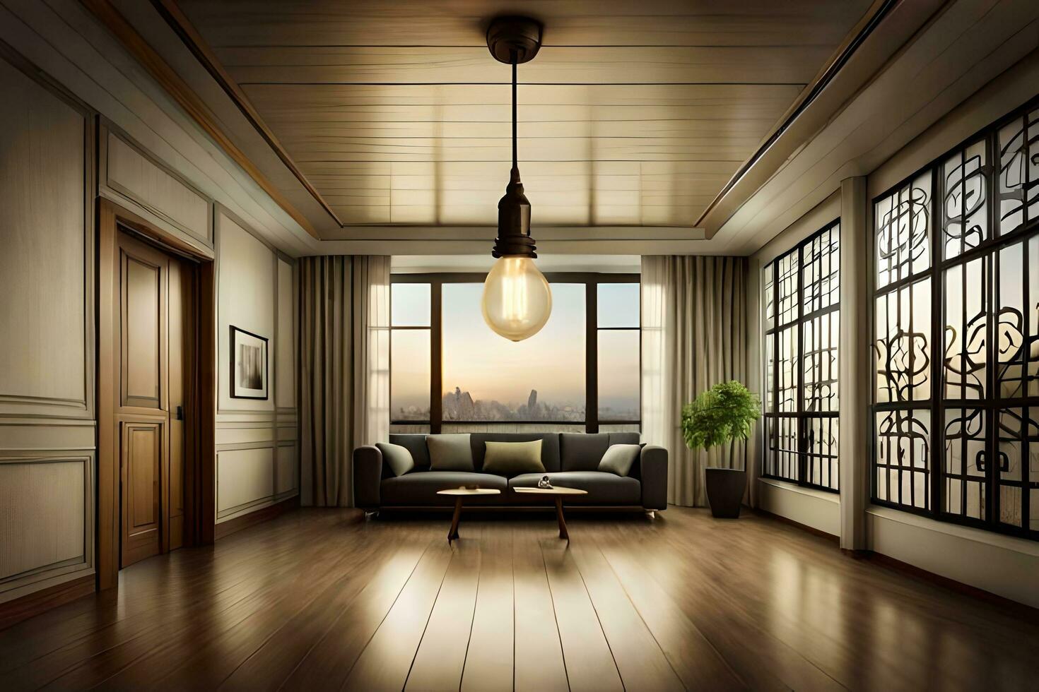 a living room with a large window and wooden floors. AI-Generated photo