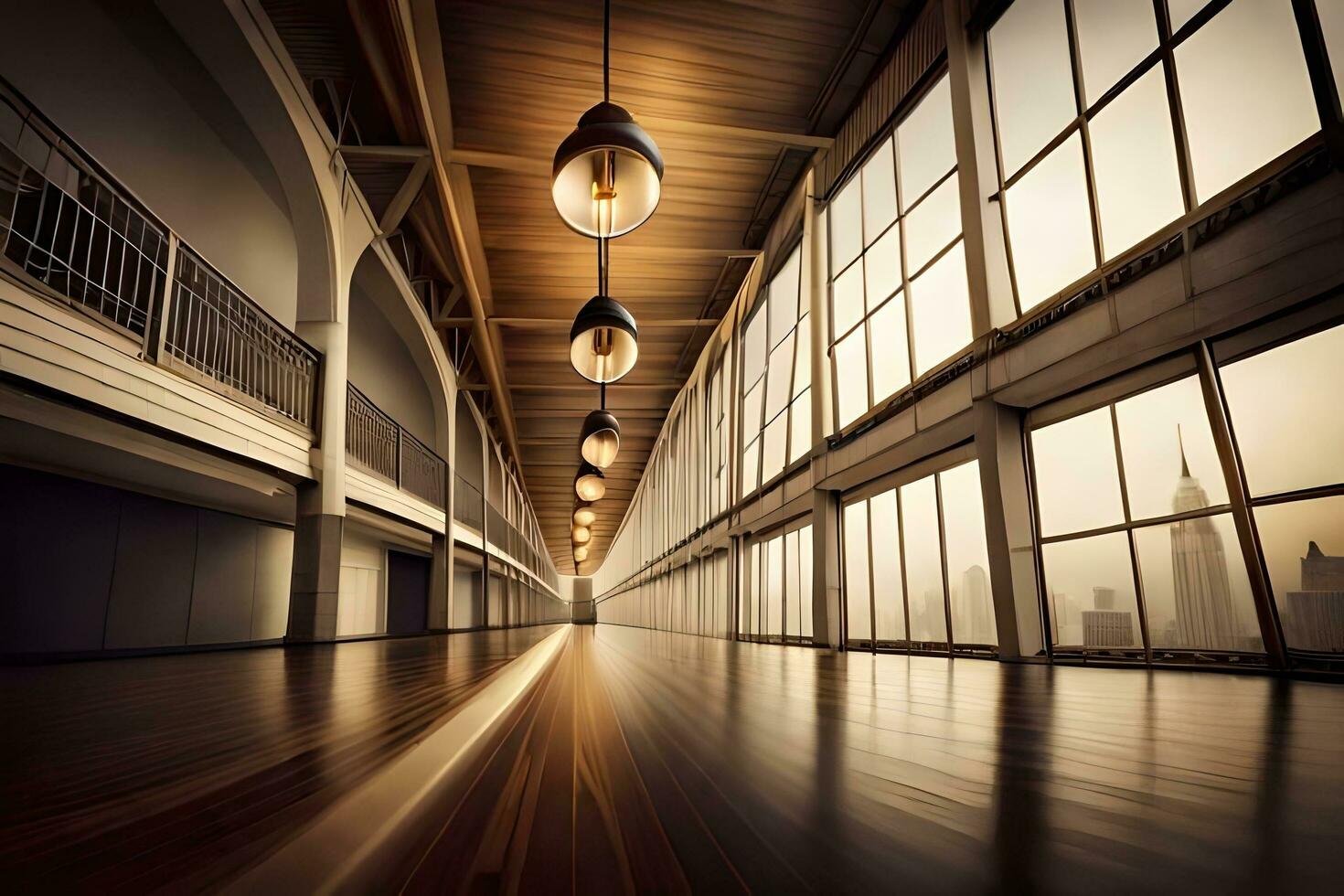a long hallway with lots of light and windows. AI-Generated photo