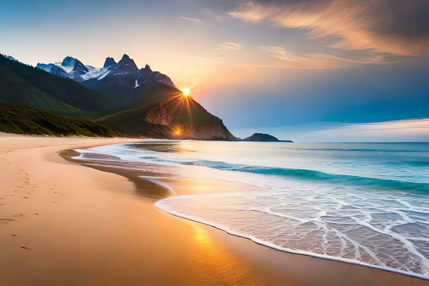 a beach with waves and mountains at sunset. AI-Generated photo