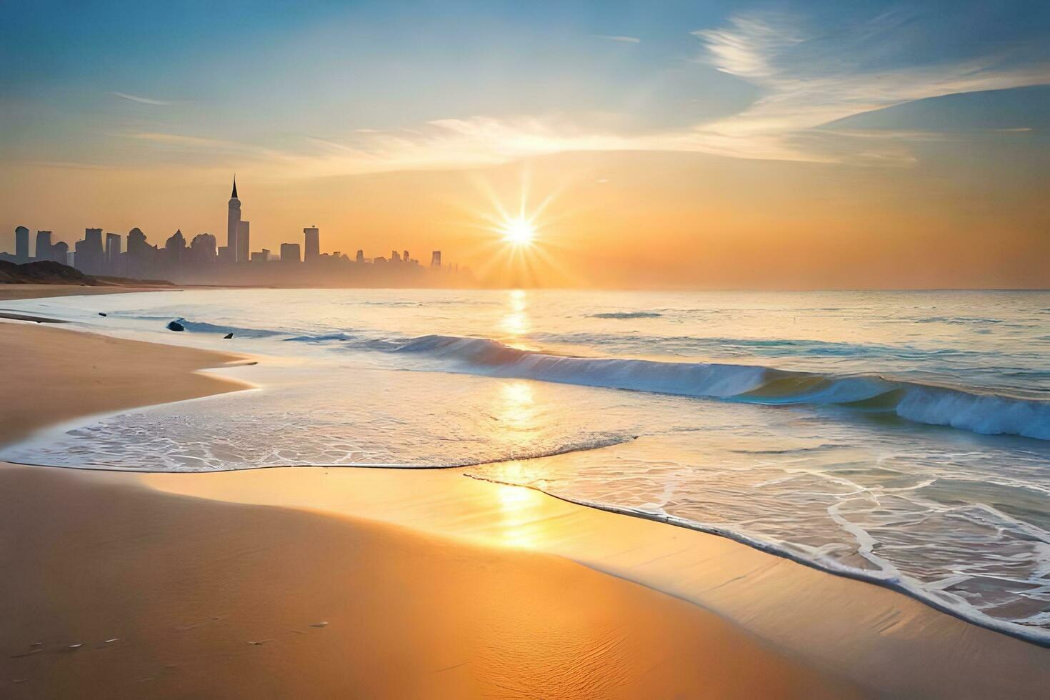 the sun rises over the city skyline and the ocean. AI-Generated photo
