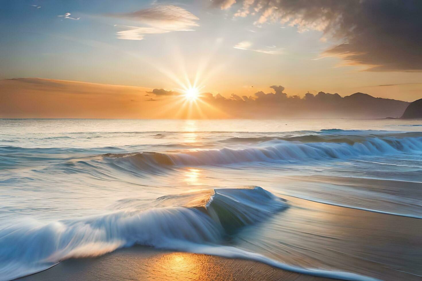 puesta de sol terminado el Oceano con olas estrellarse dentro el costa. generado por ai foto