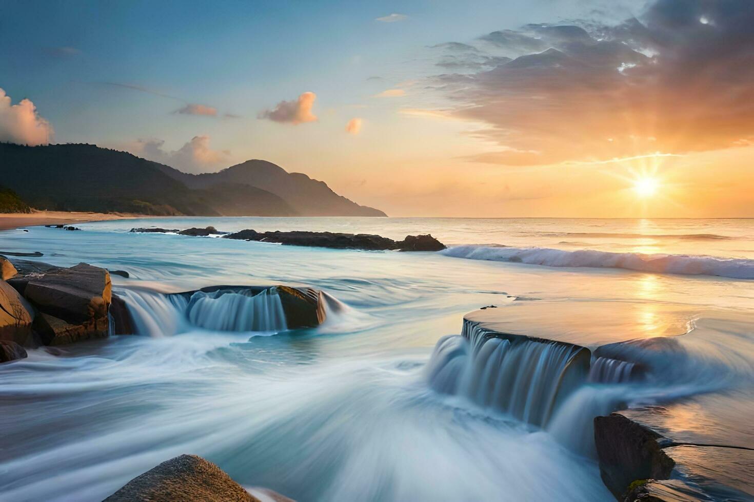 a beautiful sunset over the ocean with waves crashing into rocks. AI-Generated photo