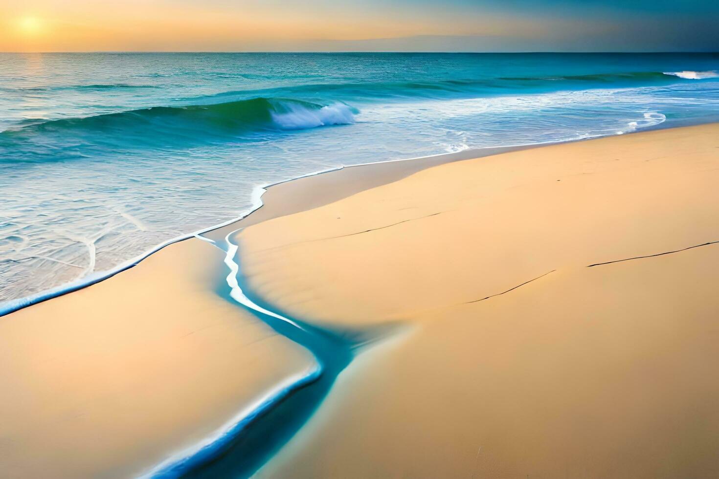a beach with waves and sand at sunset. AI-Generated photo