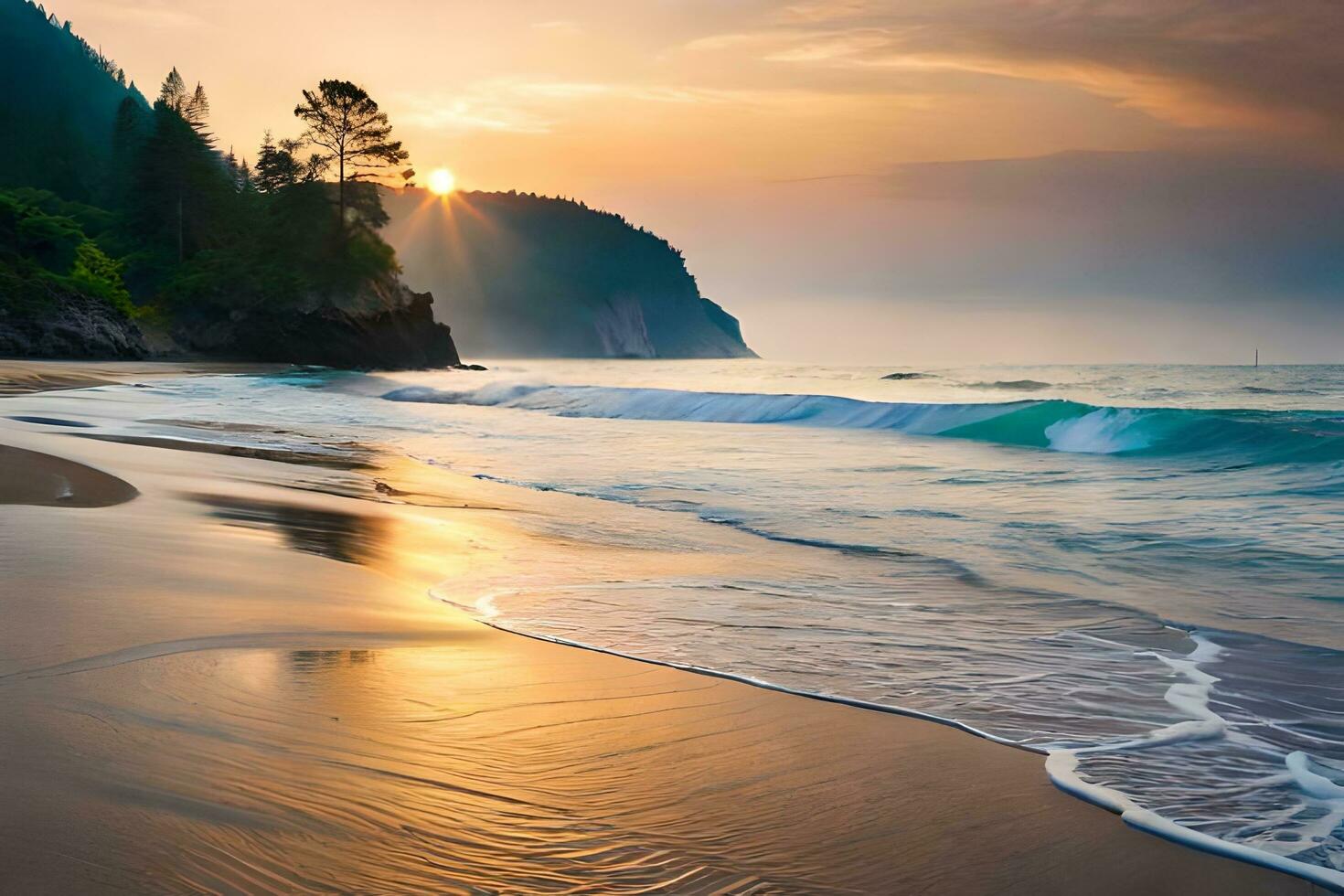 sunset on the beach with waves and trees. AI-Generated photo