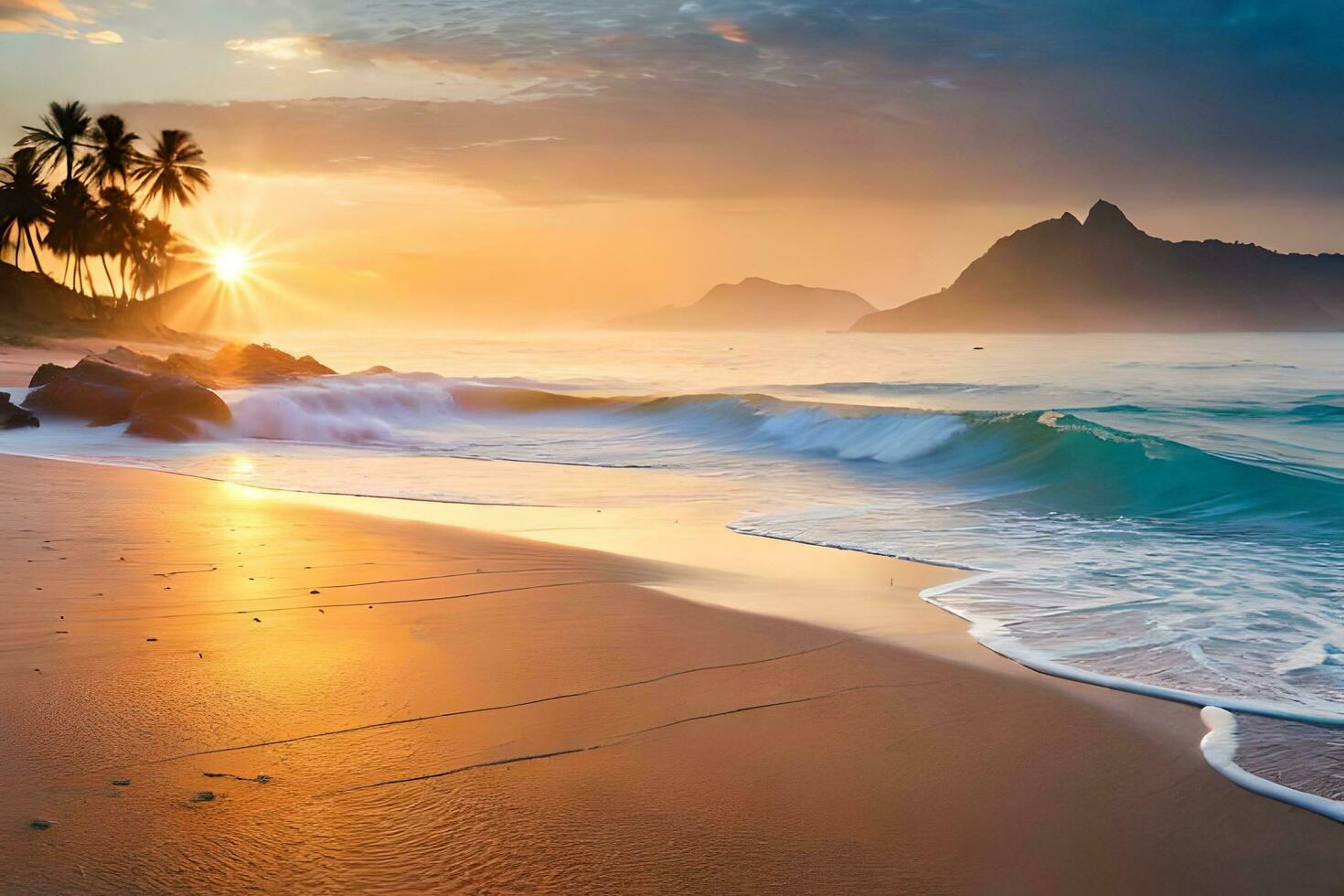 a beautiful sunset on a beach with waves and palm trees. AI-Generated photo