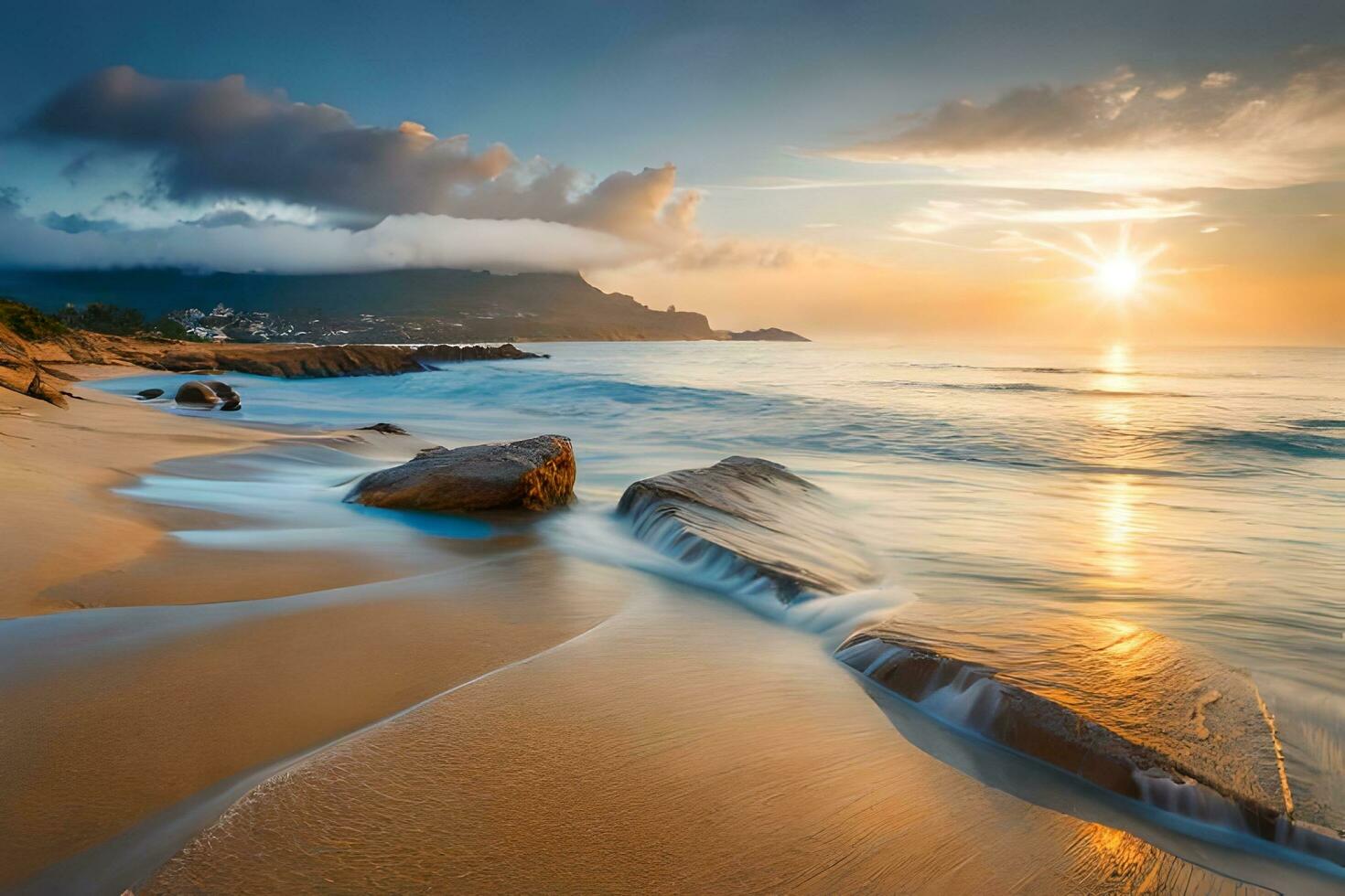 a beautiful sunset over the ocean with waves and rocks. AI-Generated photo