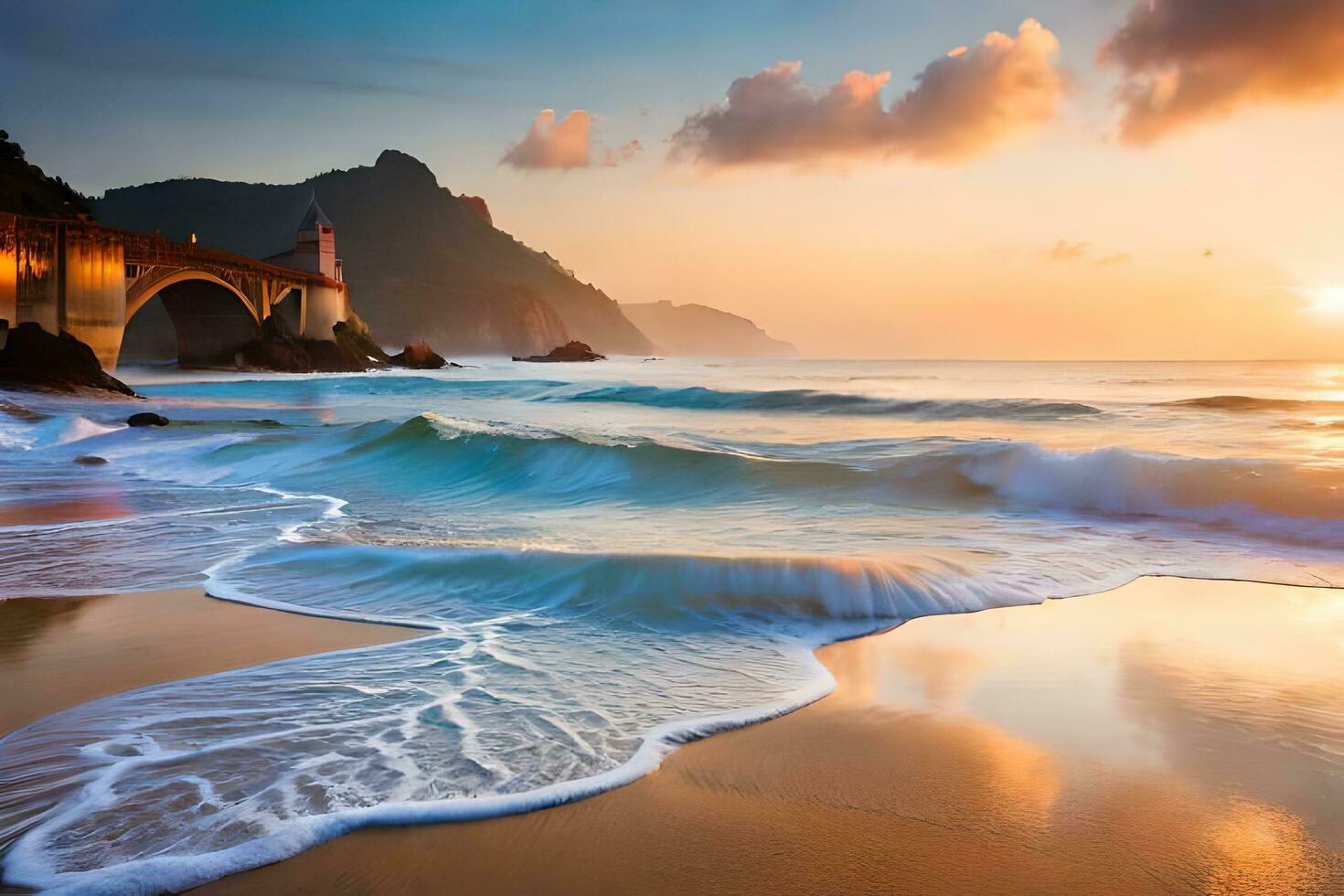 puesta de sol en el playa con olas estrellarse dentro el agua. generado por ai foto