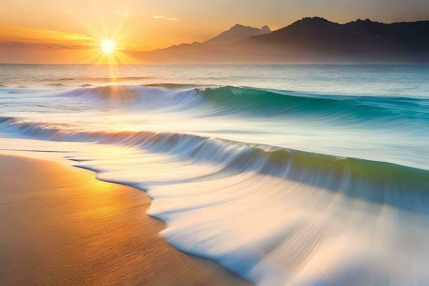 a beautiful sunset over the ocean with waves. AI-Generated photo