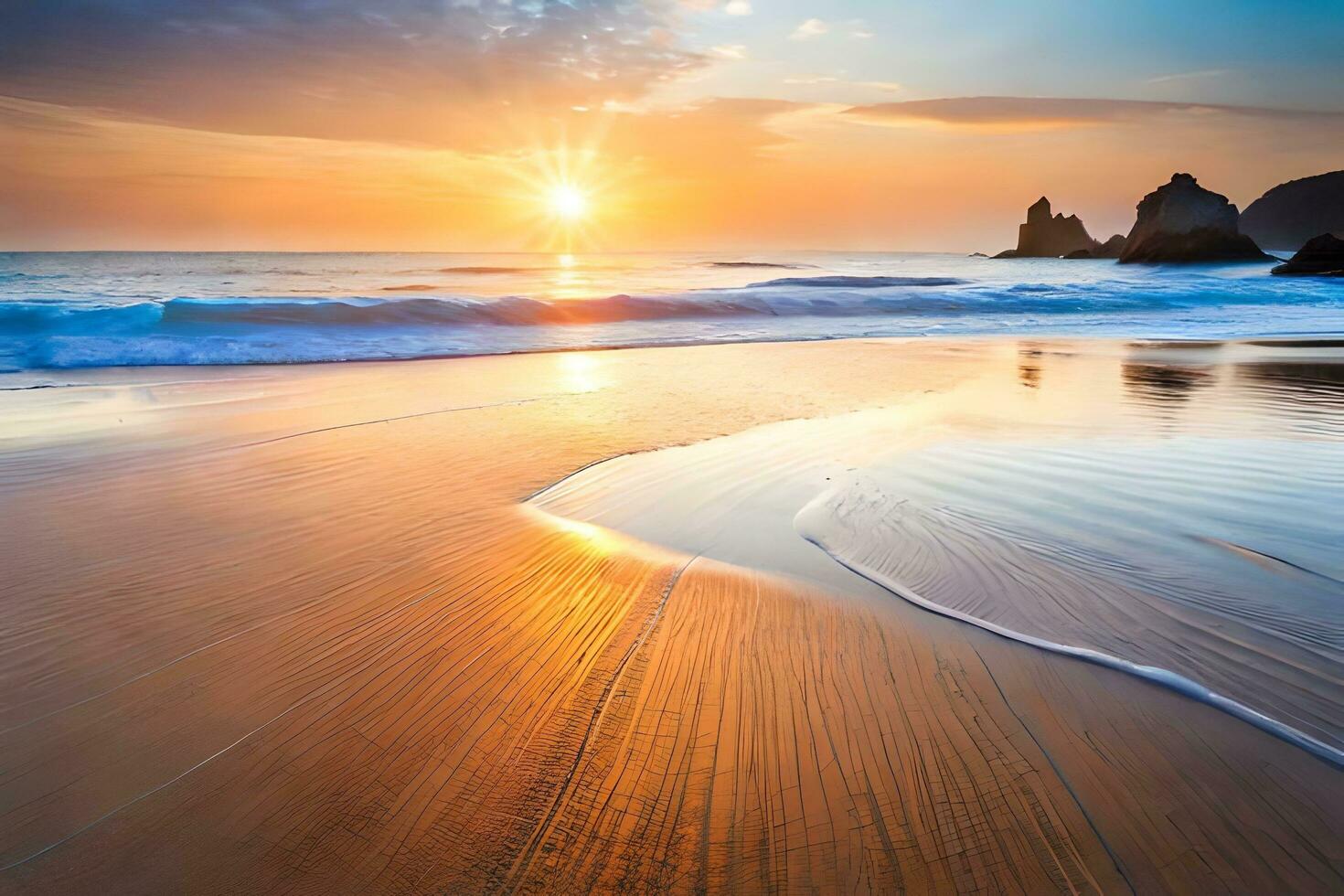 sunset on the beach with waves and rocks. AI-Generated photo
