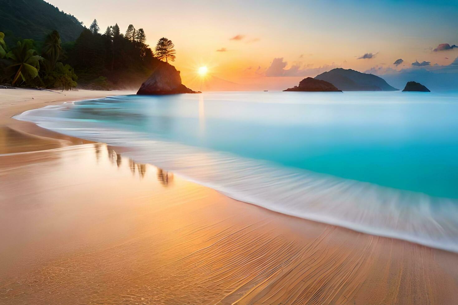 a beautiful beach at sunset with waves and trees. AI-Generated photo
