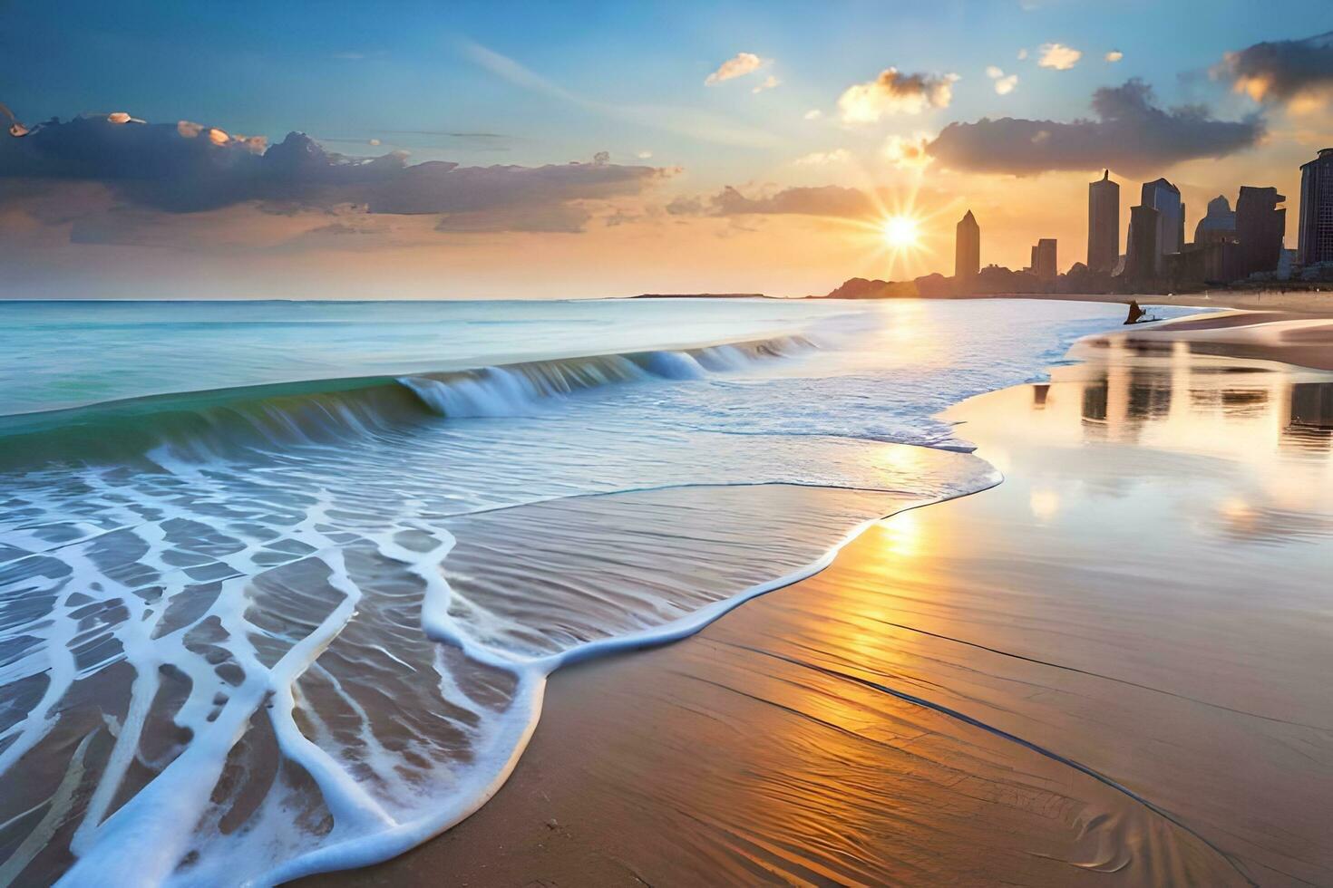 un hermosa playa escena con olas y un ciudad horizonte. generado por ai foto